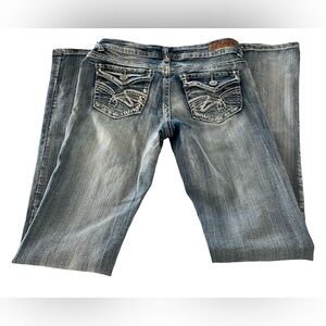 Wallflower Blue Jeans Stitch Design Button Back Pockets Flare Women Junior Sz 3